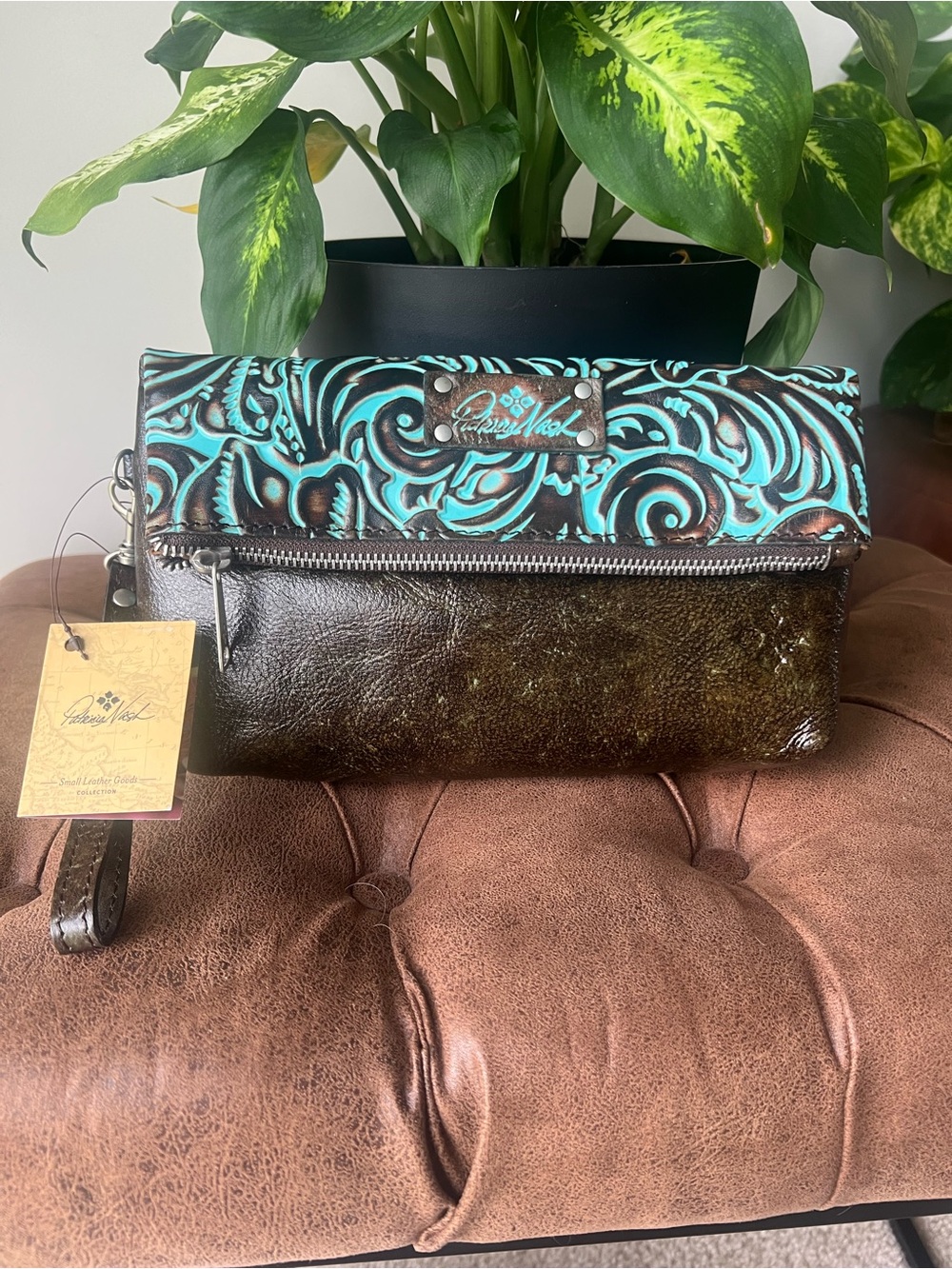 Patricia Nash Turquoise Tooled Floral Foldover Wristlet Clutch